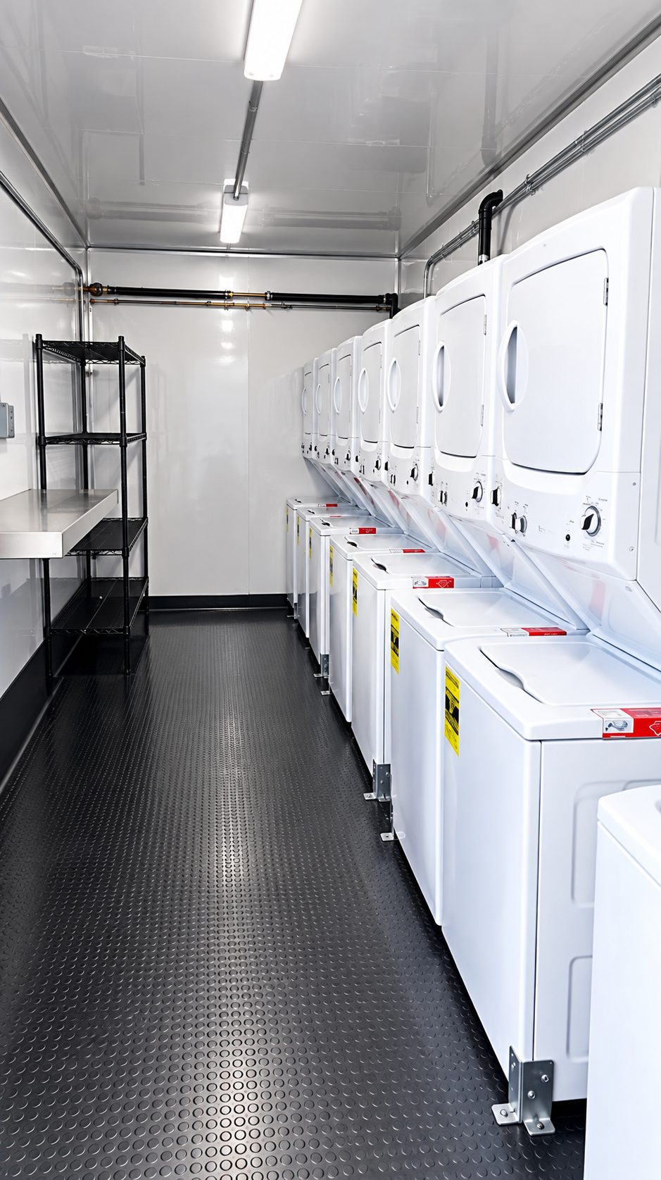 Eight washer and dryer positions inside a 26 to 27 ft laundry trailer